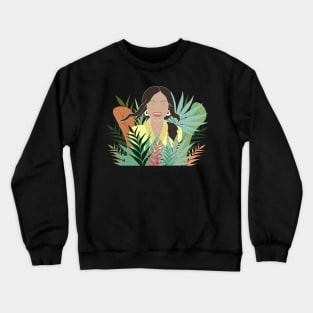 Laughing girl and big multicolored leaves Crewneck Sweatshirt